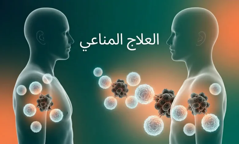 صورة توضيحية للعلاج المناعي تُظهر خلايا تائية تهاجم خلايا سرطانية داخل جسم الإنسان مع عنوان العلاج المناعي باللغة العربية