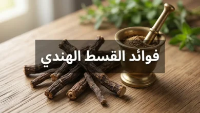 صورة غلاف تعرض جذور القسط الهندي المجففة ذات اللون البني الداكن مع هاون نحاسي يحتوي على مسحوق القسط المطحون على سطح خشبي طبيعي مع عنوان فوائد القسط الهندي