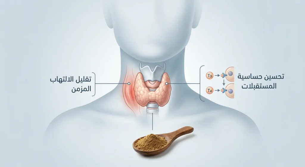 رسم طبي توضيحي يوضح آلية تأثير القسط الهندي على الغدة الدرقية عبر تحسين حساسية المستقبلات لهرموني T3 وT4 وتقليل الالتهاب المزمن
