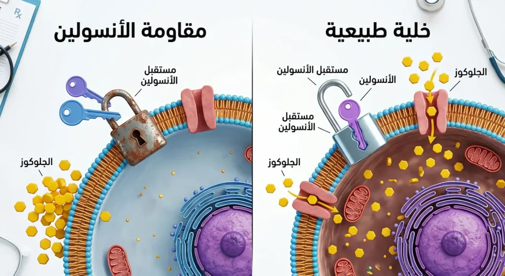 رسم توضيحي يقارن بين الخلية الطبيعية التي تستجيب للأنسولين وتسمح بدخول الجلوكوز، وحالة مقاومة الأنسولين حيث تفشل الخلية في الاستجابة.
