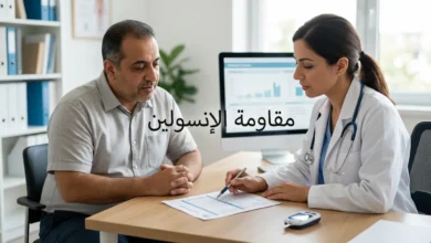 صورة غلاف مقالة مقاومة الإنسولين — شخص بالغ في عيادة طبية حديثة مع ورقة تحليل HOMA-IR وجهاز قياس سكر الدم