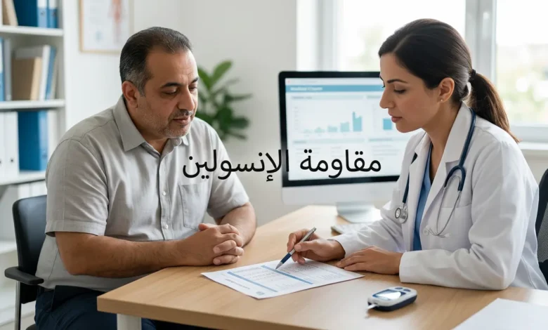صورة غلاف مقالة مقاومة الإنسولين — شخص بالغ في عيادة طبية حديثة مع ورقة تحليل HOMA-IR وجهاز قياس سكر الدم