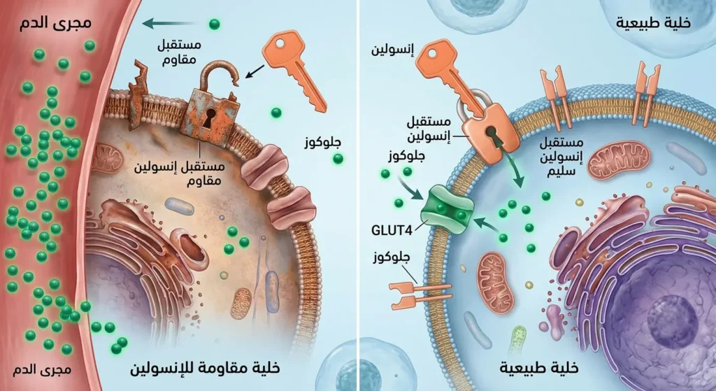 رسم توضيحي يوضح الفرق بين الخلية الطبيعية والخلية المقاومة للإنسولين في مرض السكري من النوع الثاني.