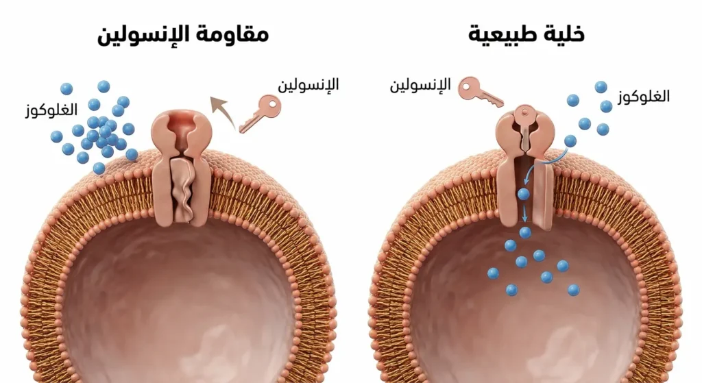 رسم توضيحي يوضح آلية عمل الإنسولين والغلوكوز في الخلية الطبيعية مقارنة بالخلية المقاومة للإنسولين
