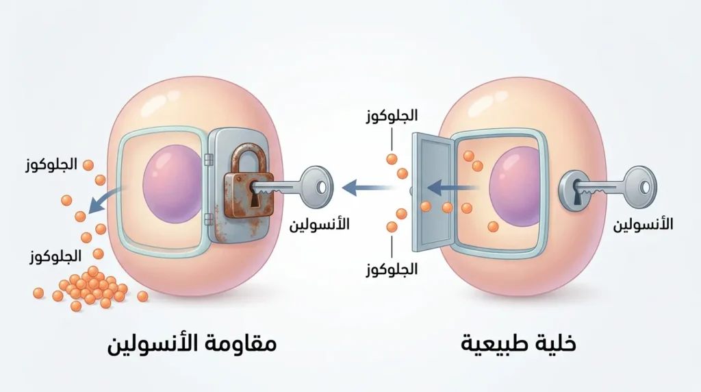 رسم توضيحي طبي يقارن بين خلية طبيعية تستقبل الجلوكوز بالأنسولين وخلية مقاومة للأنسولين يتراكم حولها الجلوكوز