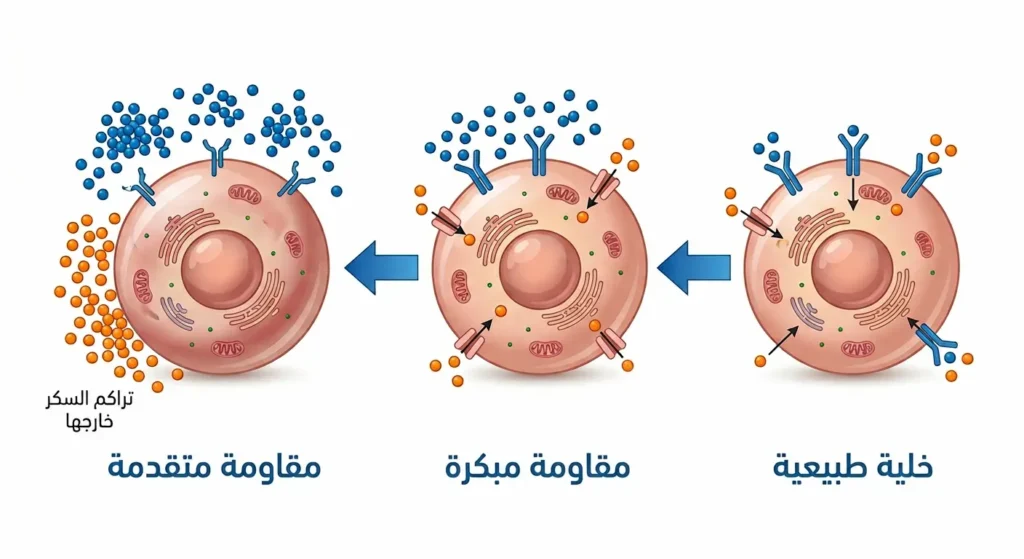 رسم توضيحي طبي يُظهر ثلاث مراحل لتطور مقاومة الأنسولين من الخلية الطبيعية إلى المقاومة المبكرة ثم المتقدمة