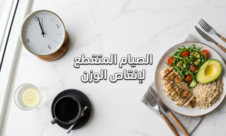 صورة غلاف لمقال الصيام المتقطع لإنقاص الوزن تُظهر طبق طعام صحي متوازن بجانب ساعة وكوب ماء بالليمون وقهوة سوداء على سطح رخامي فاتح مع إضاءة طبيعية