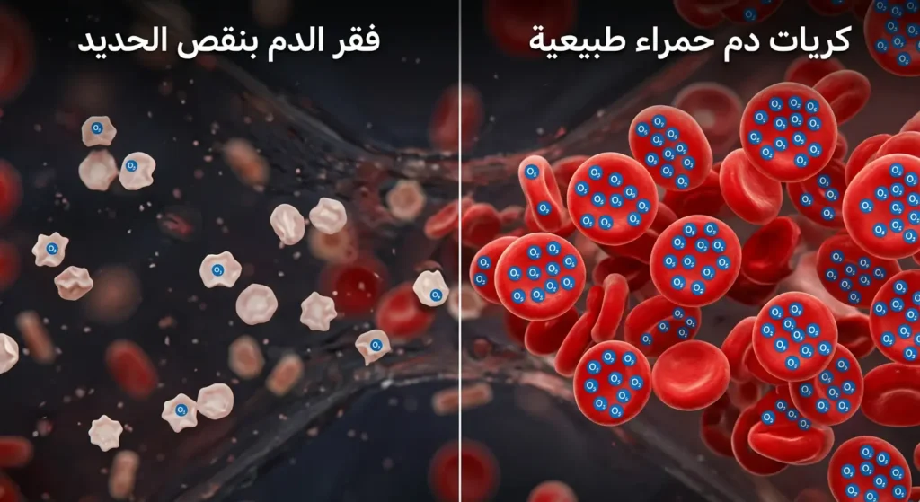 مقارنة مجهرية بين خلايا الدم الحمراء الطبيعية والخلايا المصابة بفقر الدم نتيجة نقص الحديد، والتي تكون أصغر حجماً وأقل قدرة على حمل الأكسجين.
