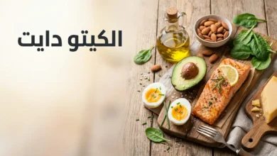 صورة غلاف لمقال الكيتو دايت تعرض أطعمة كيتونية صحية مثل الأفوكادو والسلمون وزيت الزيتون والمكسرات مع عنوان الكيتو دايت