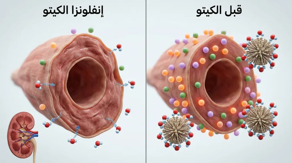رسم ثلاثي الأبعاد طبي يقارن مستويات الإلكتروليتات في الخلية العضلية قبل الكيتو وأثناء إنفلونزا الكيتو مع فقدان الماء والأملاح
