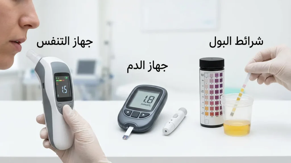 صورة واقعية تعرض ثلاث طرق لقياس الكيتونات: شرائط البول وجهاز قياس كيتونات الدم وجهاز قياس الأسيتون في التنفس