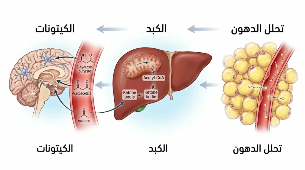 رسم توضيحي طبي واقعي يوضح آلية الكيتوزيس من تحلل الدهون في الخلايا الدهنية إلى إنتاج الكيتونات في الكبد ثم استخدامها كوقود للدماغ