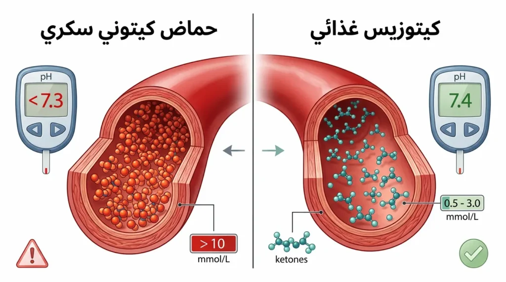رسم توضيحي طبي يقارن بين الكيتوزيس الغذائي الآمن بمستوى كيتونات طبيعي والحماض الكيتوني السكري الخطير بمستويات كيتونات مرتفعة جداً