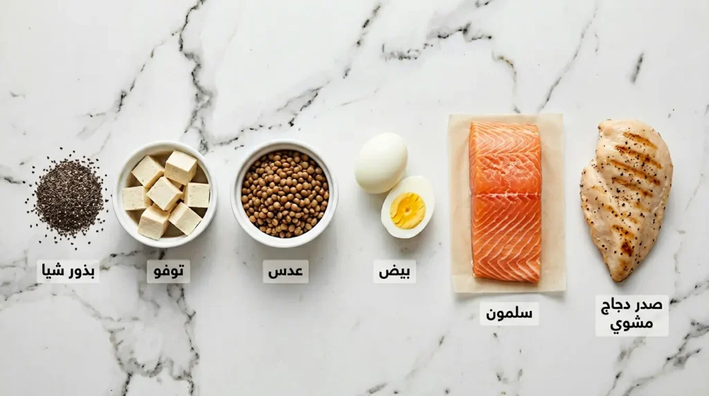 مصادر بروتين صافية متنوعة لمرضى السكري تشمل صدر دجاج مشوي وسلمون وبيض وعدس وتوفو وبذور شيا