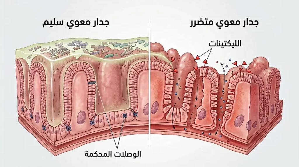 رسم طبي يقارن بين جدار الأمعاء السليم ذي الوصلات المحكمة والجدار المتضرر بفعل الليكتينات الموجودة في الحبوب مع زيادة النفاذية المعوية
