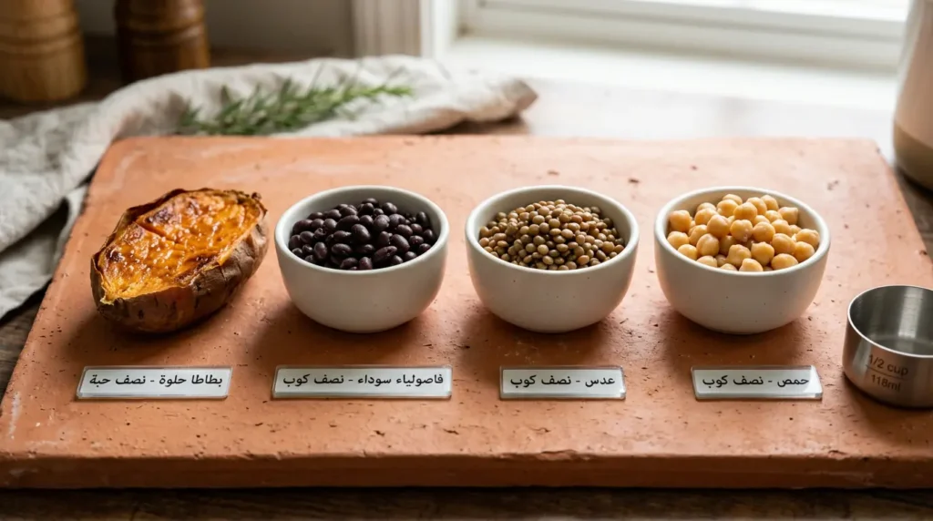 حصص محسوبة من البقوليات والنشويات المعقدة لمريض السكري تشمل نصف كوب من العدس والحمص والفاصولياء السوداء ونصف حبة بطاطا حلوة مشوية