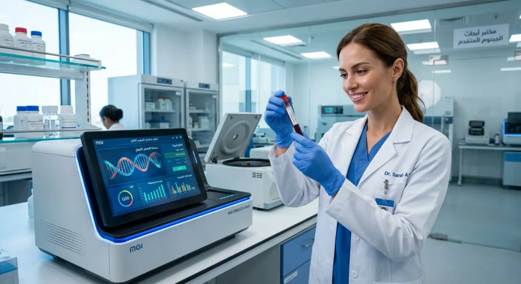 طبيبة في مختبر متطور تحمل أنبوب دم أمام جهاز تحليل جينومي حديث يعرض سلسلة DNA على شاشته