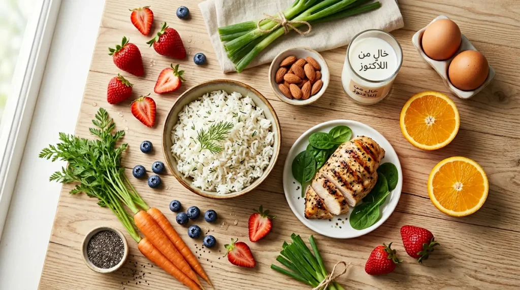  تصوير طعام احترافي من الأعلى يعرض مجموعة متنوعة من الأطعمة منخفضة الفودماب الآمنة تشمل الأرز والفراولة والتوت والبرتقال والسبانخ والدجاج المشوي واللوز والبيض والجزر مرتبة على سطح خشبي بإضاءة طبيعية