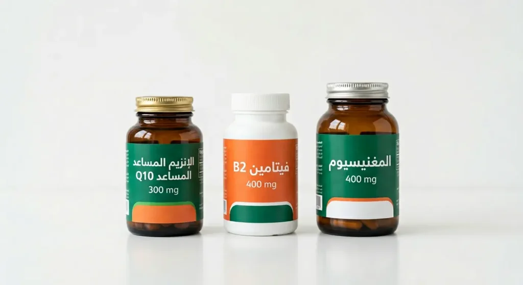ثلاثة مكملات غذائية موضوعة بترتيب أنيق: المغنيسيوم وفيتامين B2 والإنزيم المساعد Q10