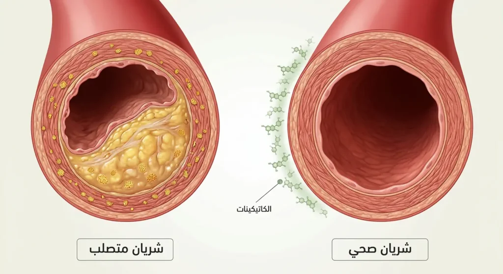 رسم توضيحي طبي يُقارن بين مقطع شريان صحي مفتوح وشريان متصلب بلويحات دهنية، مع توضيح دور الكاتيكينات الموجودة في الماتشا في حماية الشريان