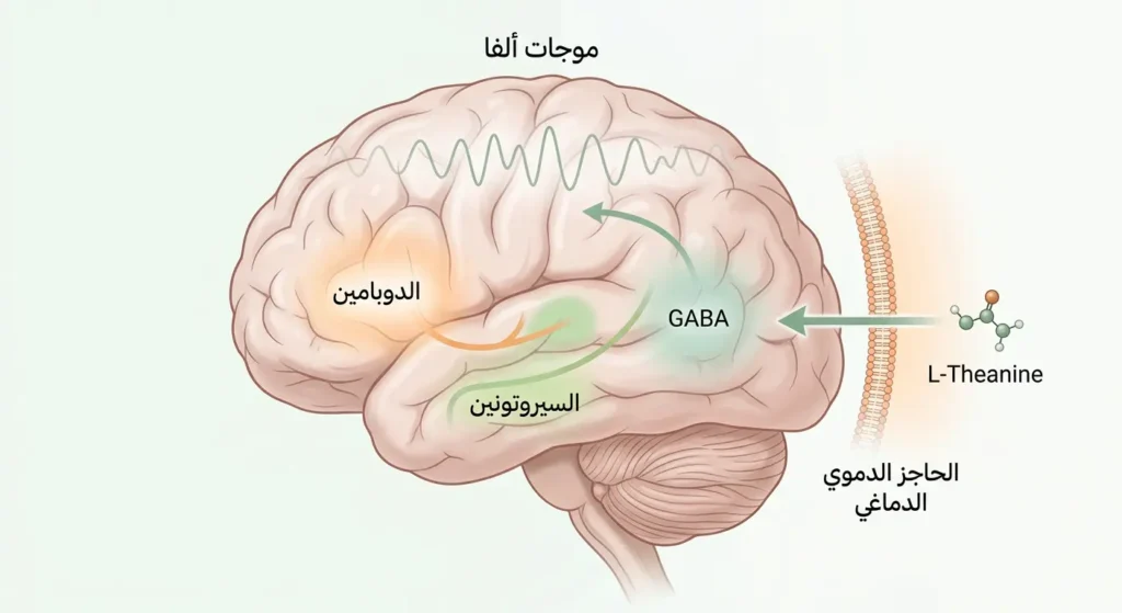 رسم توضيحي عصبي يُظهر عبور حمض L-Theanine للحاجز الدموي الدماغي وتحفيزه لإنتاج الدوبامين والسيروتونين وGABA مع تنشيط موجات ألفا في الدماغ