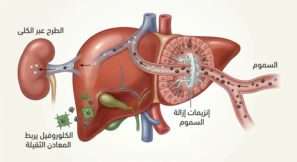 رسم توضيحي طبي يُظهر الكبد البشري وآلية إزالة السموم عبر إنزيمات Phase II مع دور الكلوروفيل الموجود في الماتشا في ربط المعادن الثقيلة وطرحها عبر الكلى