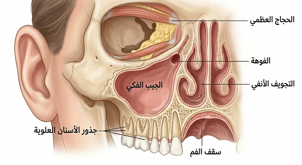 مقطع إكليلي تشريحي للرأس يُظهر الجيب الفكي وعلاقته بالحجاج العظمي وسقف الفم وجذور الأسنان العلوية والتجويف الأنفي والفوهة