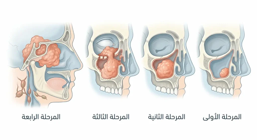 رسم توضيحي طبي يُظهر المراحل الأربع لسرطان الجيب الفكي من الورم المحصور داخل الجيب حتى الانتشار الشامل