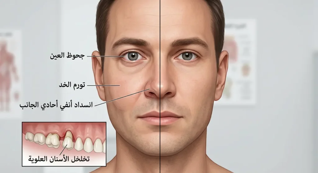 وجه بشري مقسم إلى نصفين يقارن بين الجهة السليمة والجهة المصابة بأعراض سرطان الجيب الفكي مثل تورم الخد وجحوظ العين والانسداد الأنفي وتخلخل الأسنان