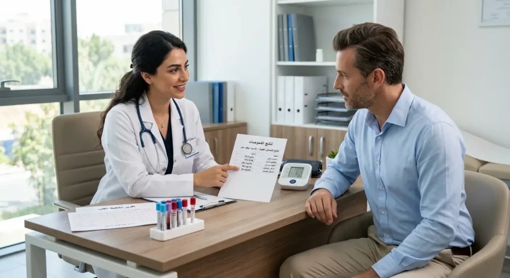 طبيبة تشرح نتائج فحوصات طبية لرجل في الأربعينيات في عيادة حديثة مع أدوات فحص متنوعة على المكتب