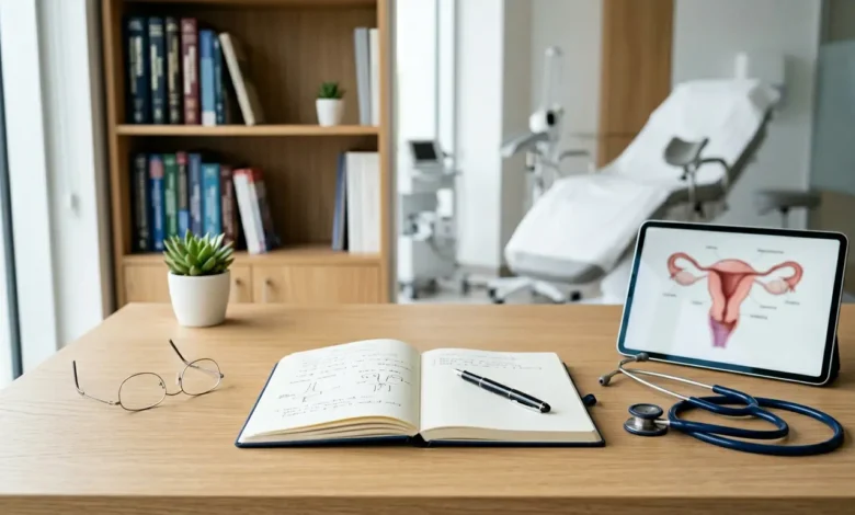 أدوات طبية ومراجع علمية لعيادة نسائية حديثة ترمز للمراجعة الطبية الدقيقة لصحة المرأة.