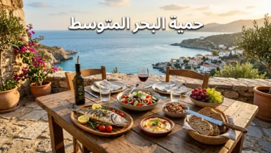 مائدة طعام متوسطية على شرفة مطلة على البحر تضم زيت زيتون وسمك مشوي وخضروات طازجة وحبوب كاملة ومكسرات مع عنوان حمية البحر المتوسط