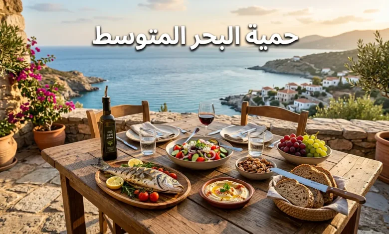 مائدة طعام متوسطية على شرفة مطلة على البحر تضم زيت زيتون وسمك مشوي وخضروات طازجة وحبوب كاملة ومكسرات مع عنوان حمية البحر المتوسط
