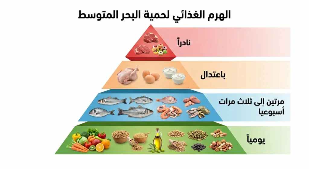 الهرم الغذائي لحمية البحر المتوسط مقسم إلى أربع طبقات من القاعدة اليومية إلى القمة النادرة