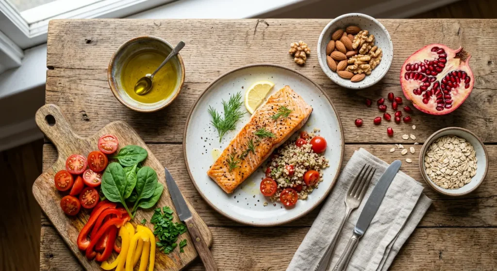 صورة واقعية لمائدة تحتوي على أطعمة حمية البحر الأبيض المتوسط المفيدة لصحة القلب تشمل سمك السلمون وزيت الزيتون والمكسرات والخضروات الطازجة والشوفان والرمان
