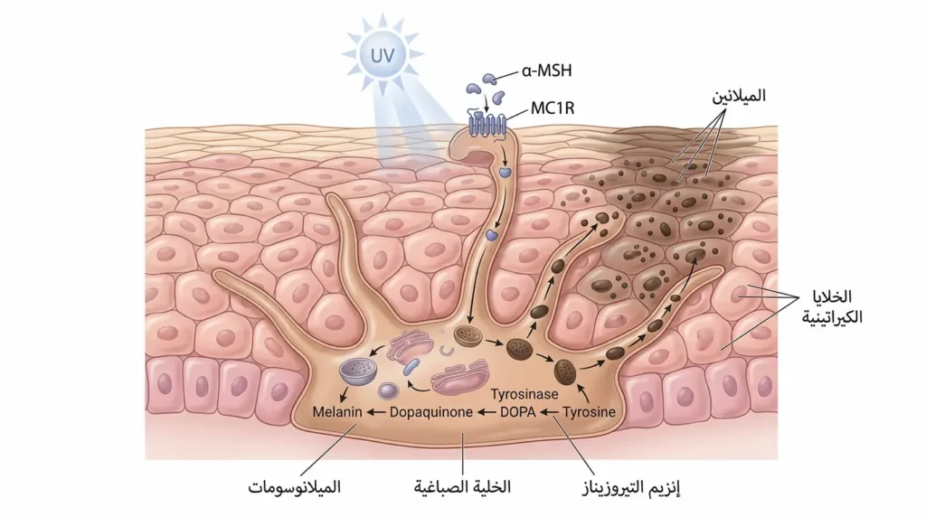 رسم توضيحي طبي يُظهر آلية إنتاج صبغة الميلانين في الخلايا الصباغية تحت العين