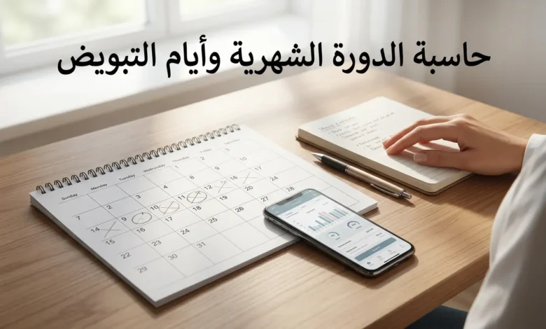 غلاف واقعي لحاسبة الدورة الشهرية وأيام التبويض يظهر تقويماً صحياً وهاتفاً لتتبع الدورة في بيئة طبية نظيفة