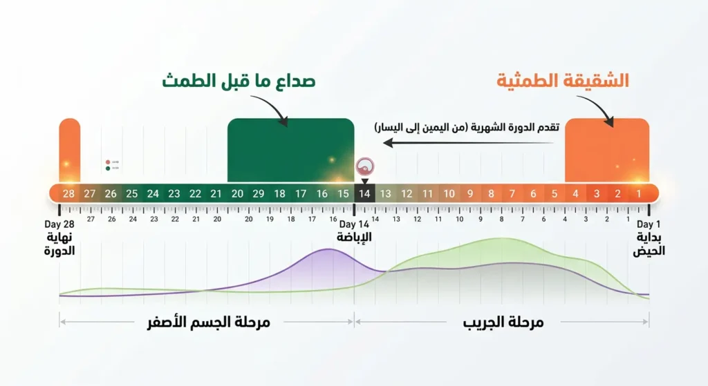  مخطط زمني يوضح الفرق في توقيت الشقيقة الطمثية وصداع ما قبل الطمث خلال الدورة الشهرية