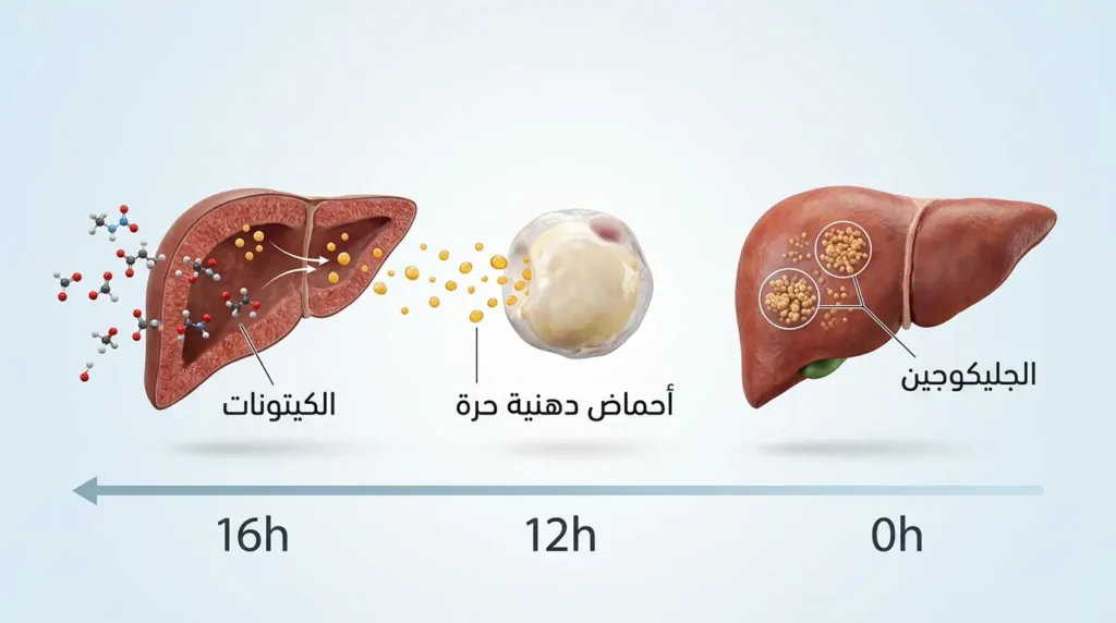رسم طبي ثلاثي الأبعاد واقعي يوضح التحول الأيضي أثناء الصيام المتقطع من استهلاك الجليكوجين إلى إطلاق الأحماض الدهنية الحرة ثم إنتاج الكيتونات في الكبد