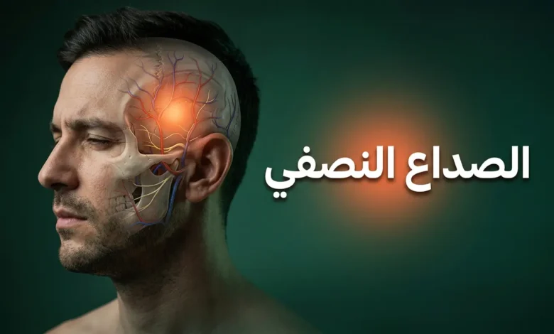 غلاف مقال الصداع النصفي يُظهر الجانب الأيسر من رأس إنسان مع تأثير شفاف يكشف الأوعية الدموية والأعصاب الملتهبة داخل الجمجمة وعبارة الصداع النصفي في المنتصف