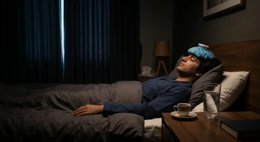 شخص مستلقٍ في غرفة مظلمة مع كمادة باردة على جبهته وكأس ماء وفنجان قهوة على طاولة السرير كإجراءات منزلية لتخفيف نوبة الصداع النصفي
