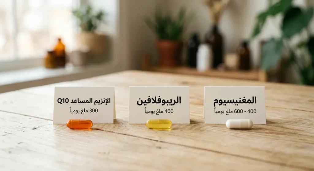 ثلاث كبسولات مكملات غذائية على طاولة خشبية مع بطاقات عربية توضح أسماءها وجرعاتها: المغنيسيوم والريبوفلافين والإنزيم المساعد Q10 للوقاية من الصداع النصفي