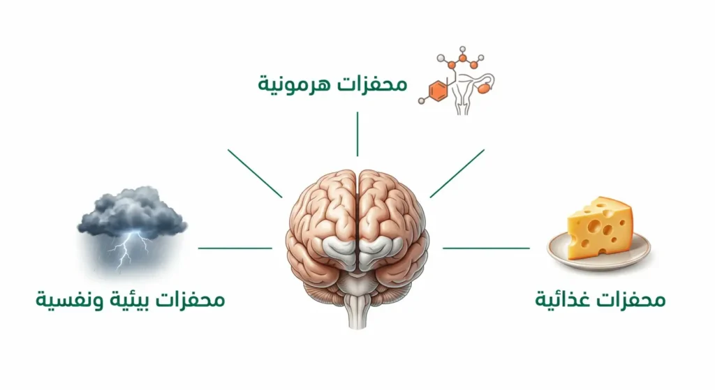 رسم توضيحي يُظهر دماغاً بشرياً في المركز محاطاً بثلاث مجموعات تمثل أنواع محفزات الصداع النصفي: غذائية وهرمونية وبيئية ونفسية