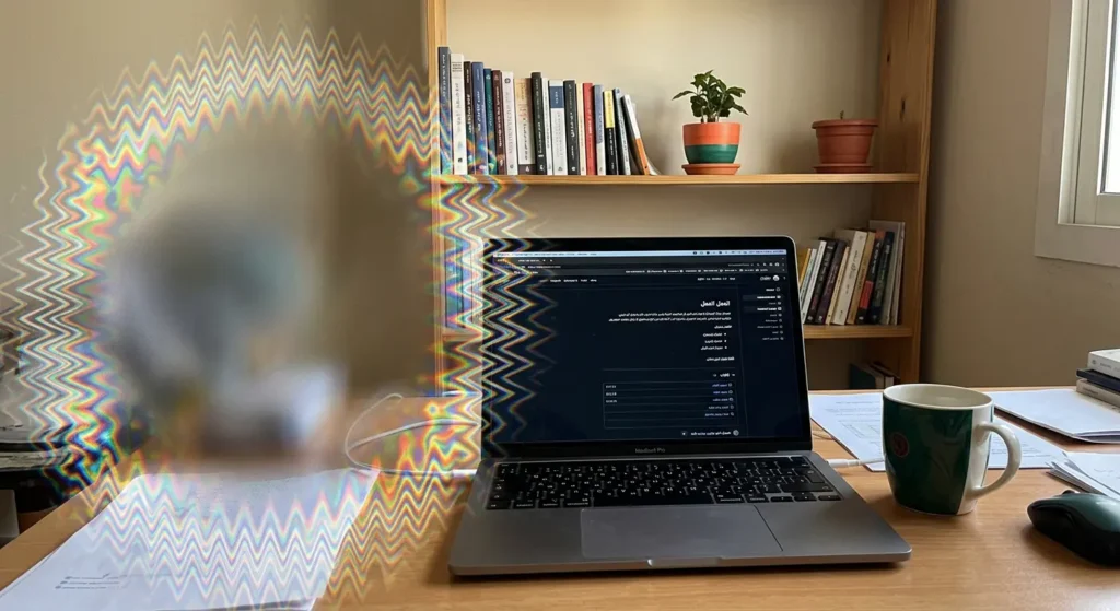 محاكاة بصرية من منظور المريض لما يراه أثناء الأورة البصرية للصداع النصفي مع بقعة عمياء وخطوط متعرجة لامعة في الجانب الأيسر من مجال الرؤية