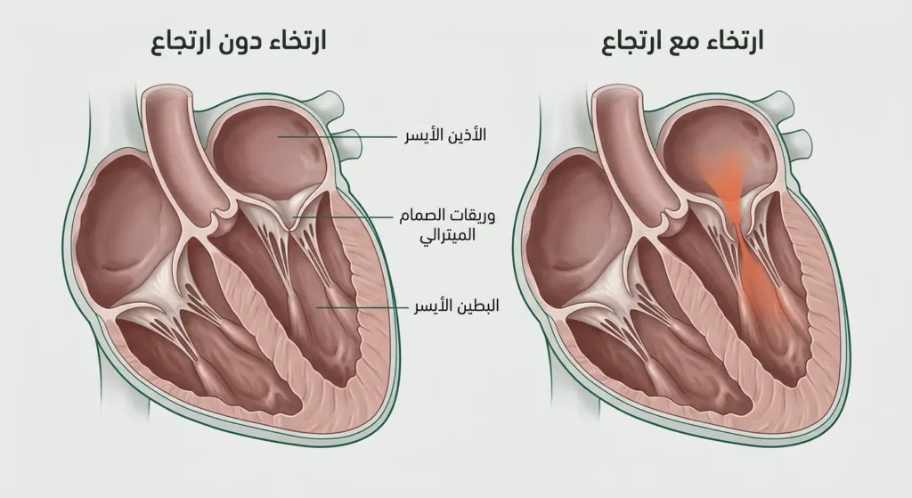 رسم توضيحي واقعي يقارن بين ارتخاء الصمام الميترالي دون ارتجاع وارتخاء الصمام مع ارتجاع الدم نحو الأذين الأيسر