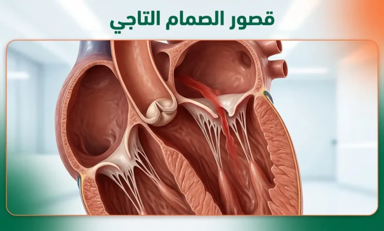 صورة غلاف توضيحية تُظهر مقطعاً تشريحياً واقعياً للقلب البشري مع التركيز على الصمام التاجي وارتجاع الدم من البطين الأيسر إلى الأذين الأيسر، مع عنوان قصور الصمام التاجي