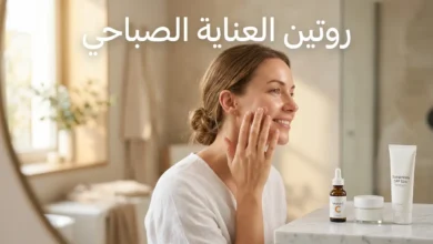 امرأة تطبّق واقي شمس على وجهها صباحاً بجوار منتجات العناية الأساسية مع عبارة روتين العناية الصباحي