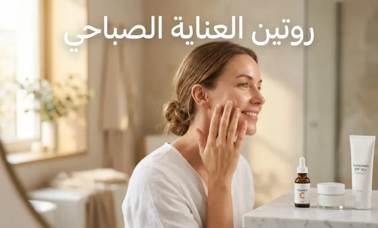 امرأة تطبّق واقي شمس على وجهها صباحاً بجوار منتجات العناية الأساسية مع عبارة روتين العناية الصباحي