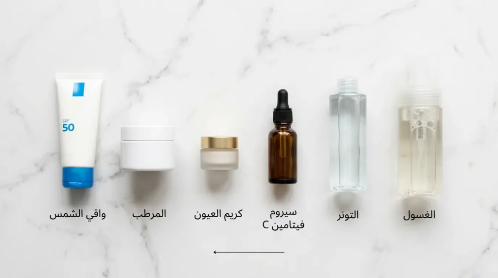ترتيب منتجات العناية الصباحية من اليمين إلى اليسار: الغسول ثم التونر ثم سيروم فيتامين C ثم كريم العيون ثم المرطب ثم واقي الشمس