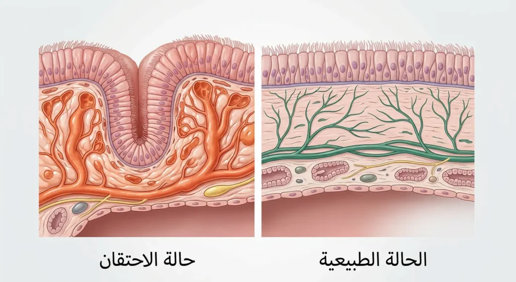 مقطع تشريحي مقارن يُظهر الغشاء المخاطي للأنف في الحالة الطبيعية وحالة الاحتقان مع توسع الأوعية الدموية